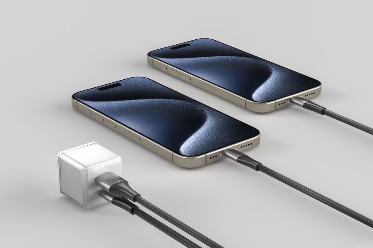 Dual smartphones charging from a single compact white charger - 3D Visualization by DDB Studio