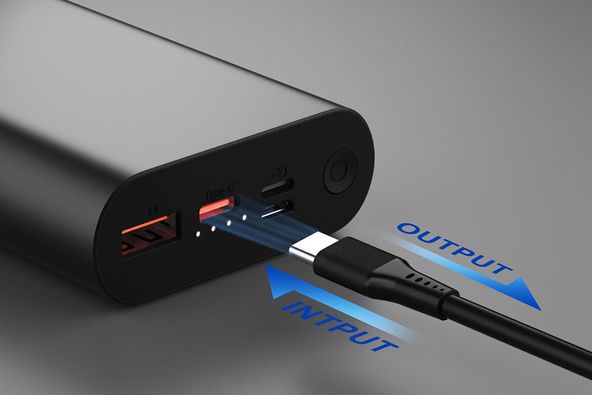 USB-C power bank highlighting input and output ports - Professional 3D render by DDB Studio