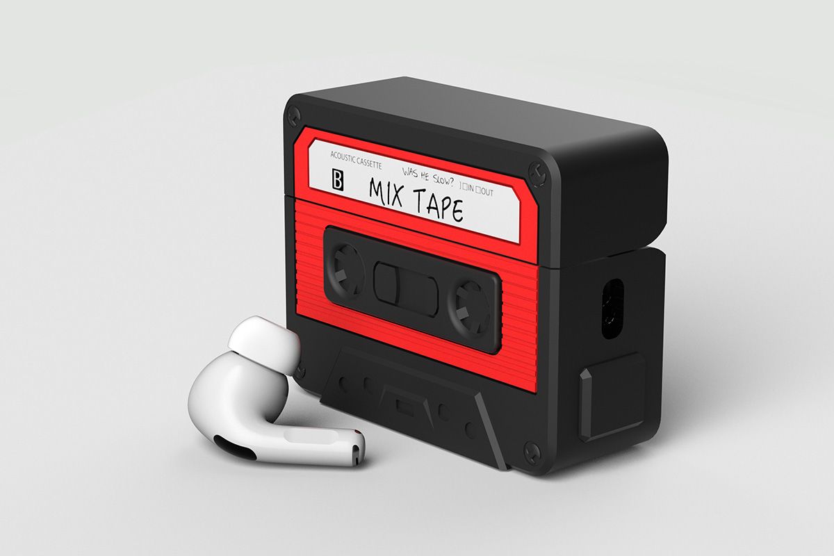 Retro radio-cassette AirPods case with earbuds on a minimalistic background - Product Photography by DDB Studio